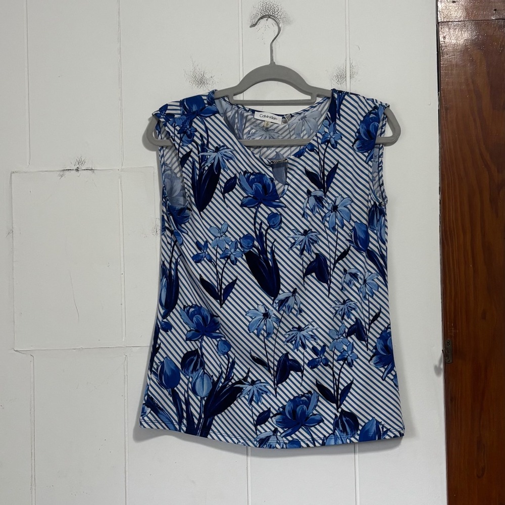 Calvin Klein Womens Blue White‎ Floral Striped Keyhole Sleeveless Shell Top S